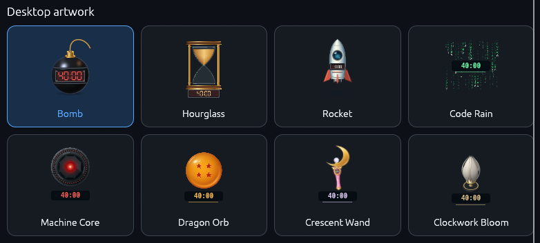 The eight Useful Timer artwork choices, shown in the Linux app.