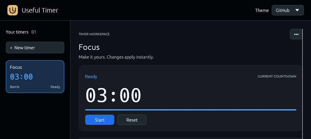 Useful Timer's Linux control panel, with a three-minute countdown and Start and Reset controls.